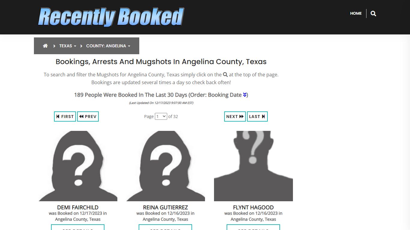 Recent bookings, Arrests, Mugshots in Angelina County, Texas